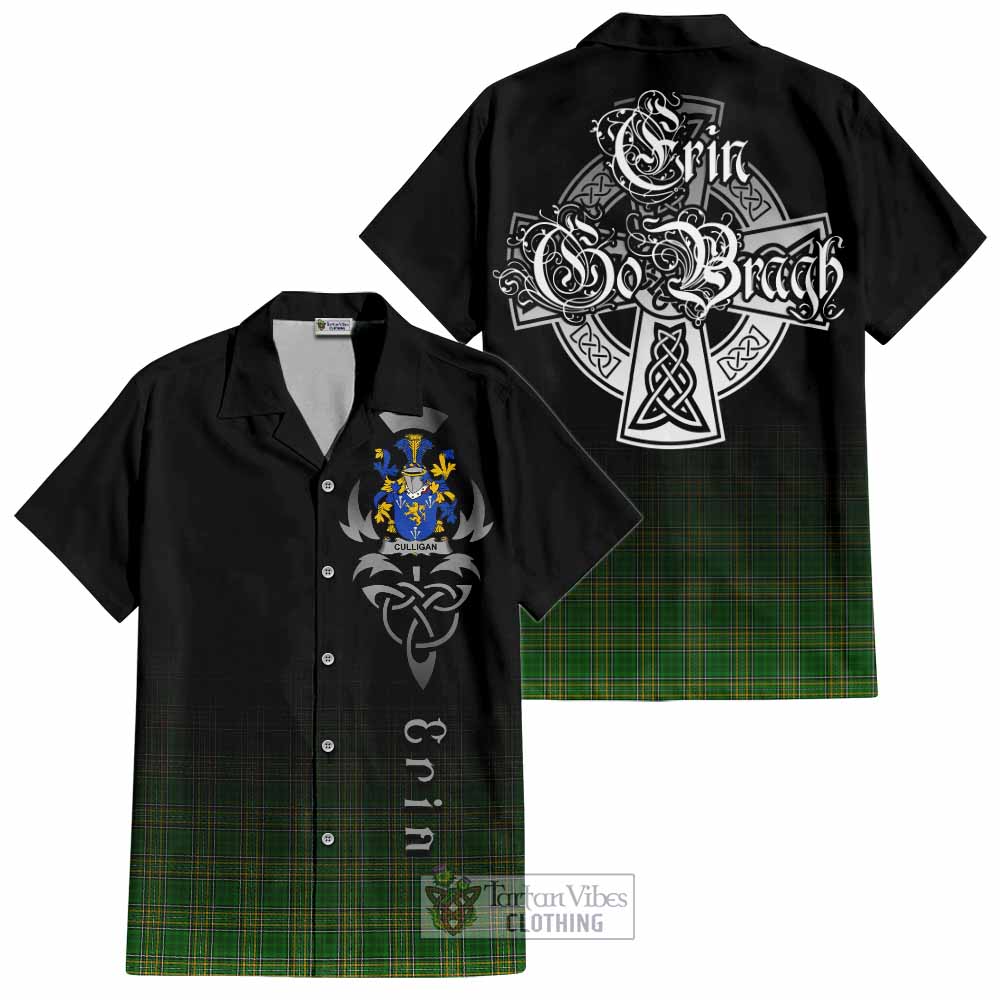 Tartan Vibes Clothing Culligan Irish Clan Short Sleeve Button Shirt with Coat of Arms Erin Go Bragh Celtic Inspired
