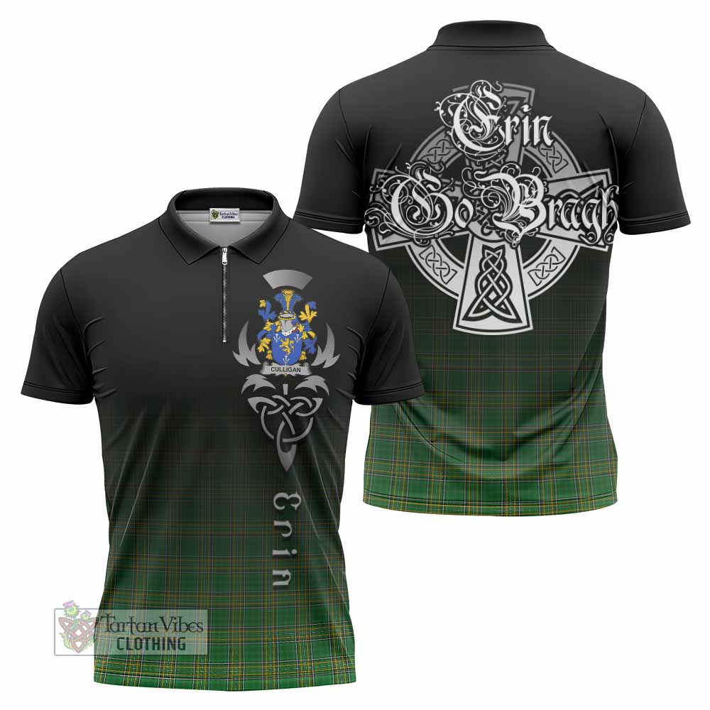 Tartan Vibes Clothing Culligan Irish Clan Zipper Polo Shirt with Coat of Arms Erin Go Bragh Celtic Inspired