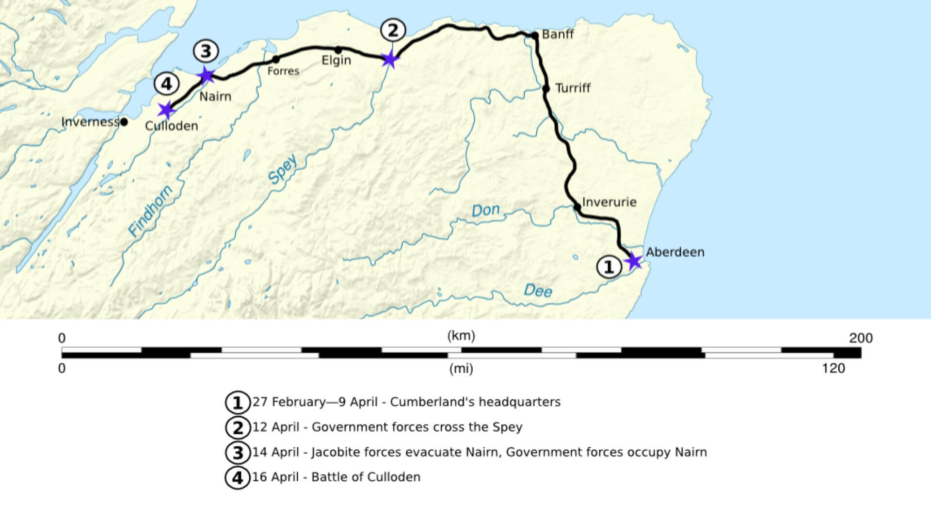 Map showing Cumberland’s march from Aberdeen to Culloden during the 1746 campaign