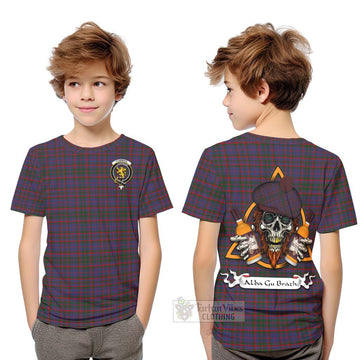 Tartan Vibes Clothing Cumming Tartan Kid T-Shirt with Family Crest and Bearded Skull Holding Bottles of Whiskey