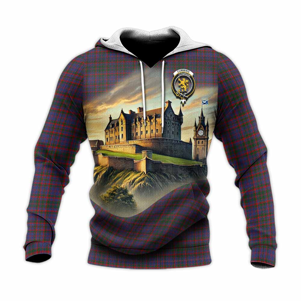 Tartan Vibes Clothing Cumming Tartan Family Crest Knitted Hoodie with Scottish Ancient Castle Style