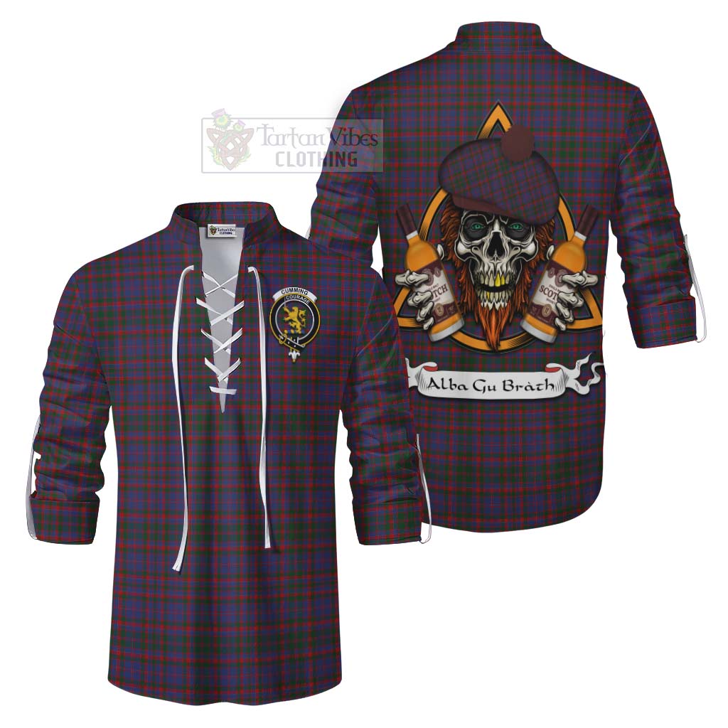 Tartan Vibes Clothing Cumming Tartan Ghillie Kilt Shirt with Family Crest and Bearded Skull Holding Bottles of Whiskey