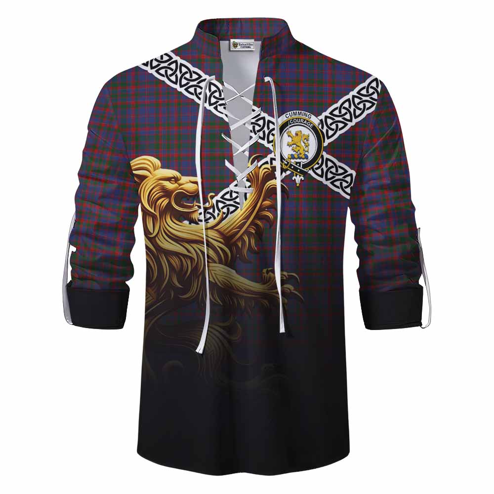 Tartan Vibes Clothing Cumming Crest Tartan Ghillie Kilt Shirt with Golden Lion Emblem Celtic Style