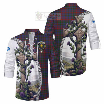 Tartan Vibes Clothing Cumming Tartan Ghillie Kilt Shirt with Family Crest and St. Andrew's Cross Accented by Thistle Vines