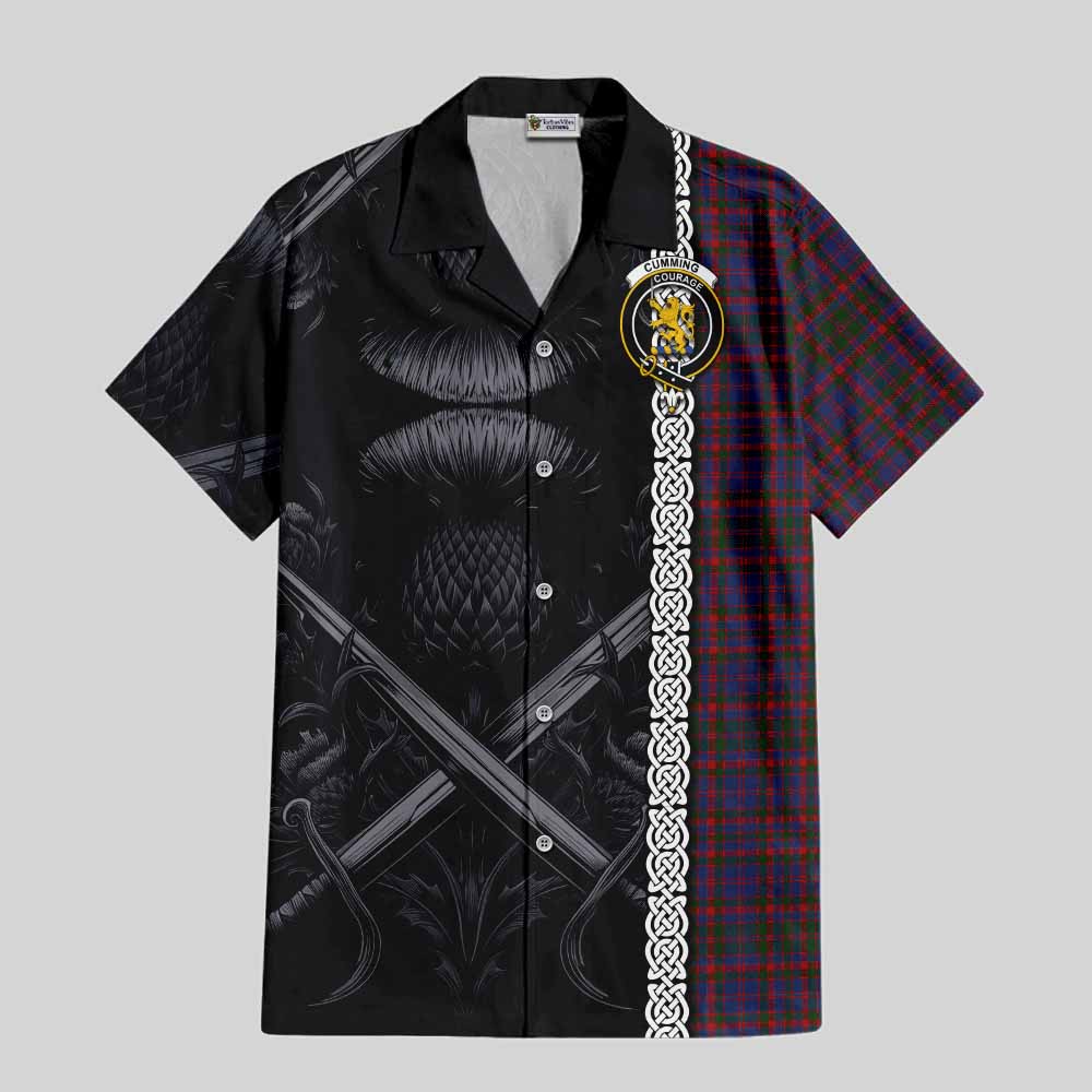 Tartan Vibes Clothing Cumming Tartan Short Sleeve Button Shirt with Family Crest Cross Sword Thistle Celtic Vibes