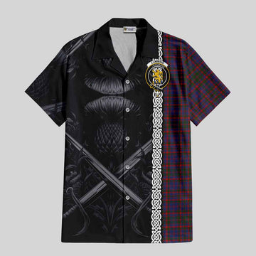 Tartan Vibes Clothing Cumming Tartan Short Sleeve Button Shirt with Family Crest Cross Sword Thistle Celtic Vibes