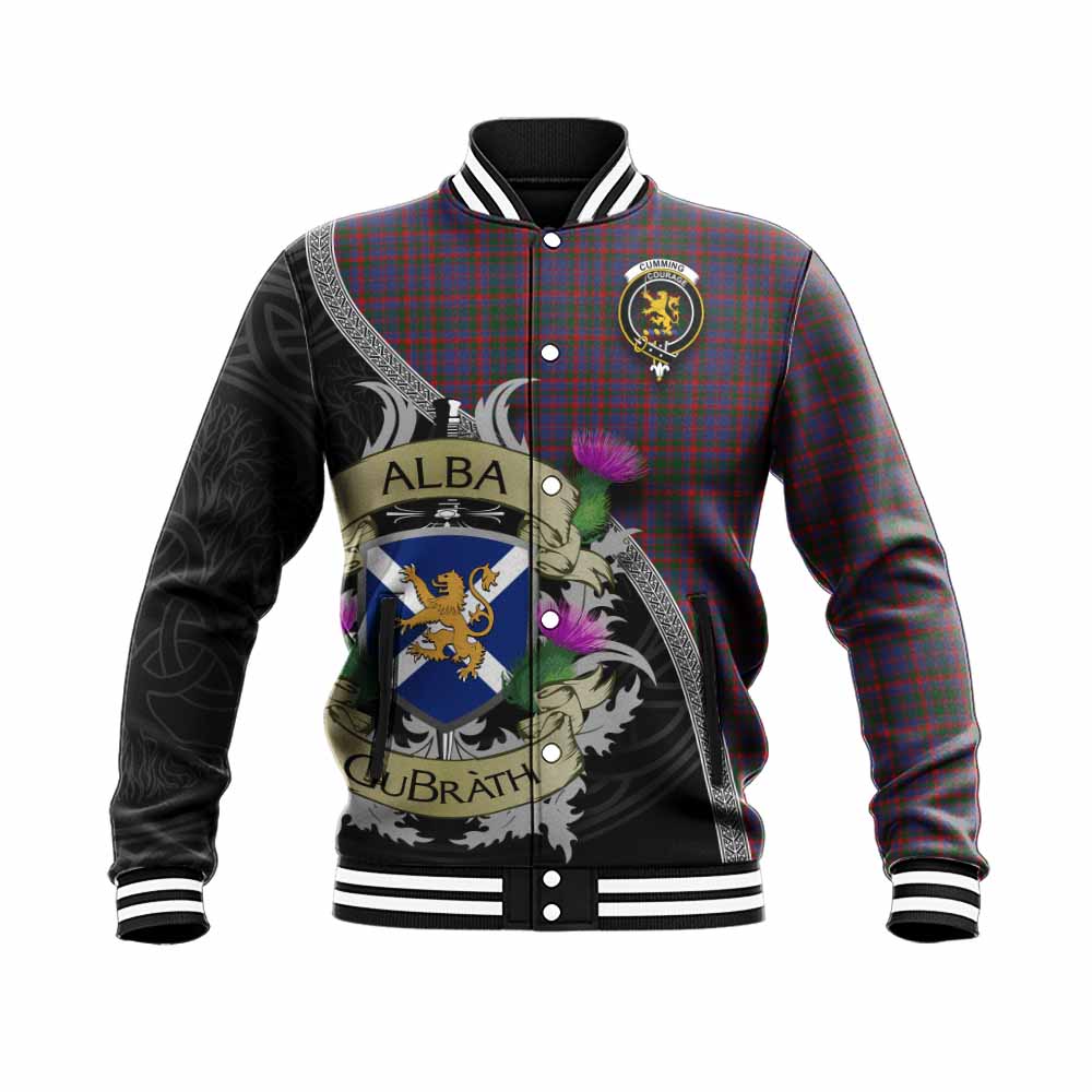 Tartan Vibes Clothing Cumming Tartan Family Crest Baseball Jacket Lion Rampant Royal Thistle Shield Celtic Inspired
