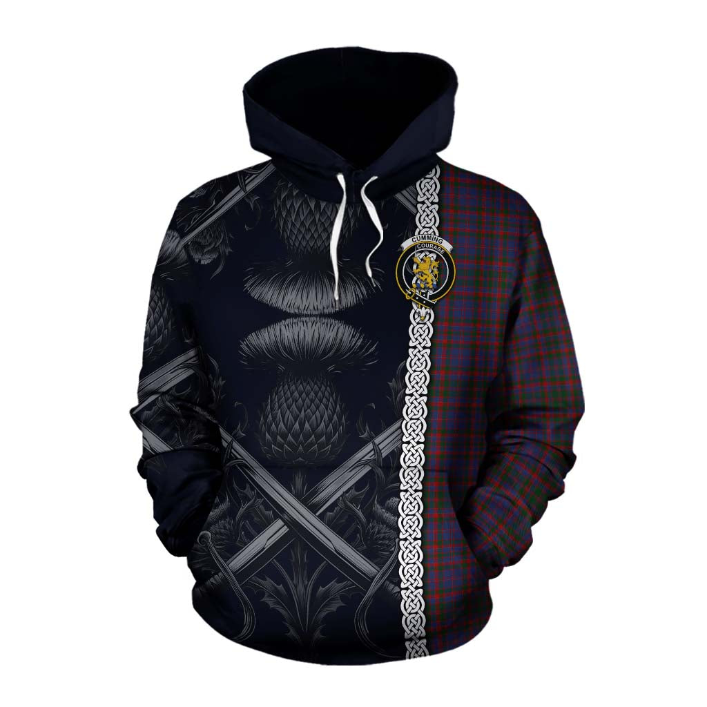 Tartan Vibes Clothing Cumming Tartan Cotton Hoodie with Family Crest Cross Sword Thistle Celtic Vibes