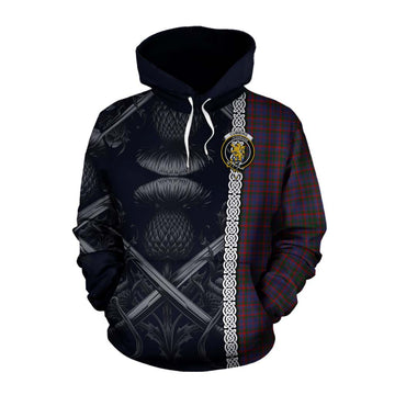 Cumming Tartan Cotton Hoodie with Family Crest Cross Sword Thistle Celtic Vibes