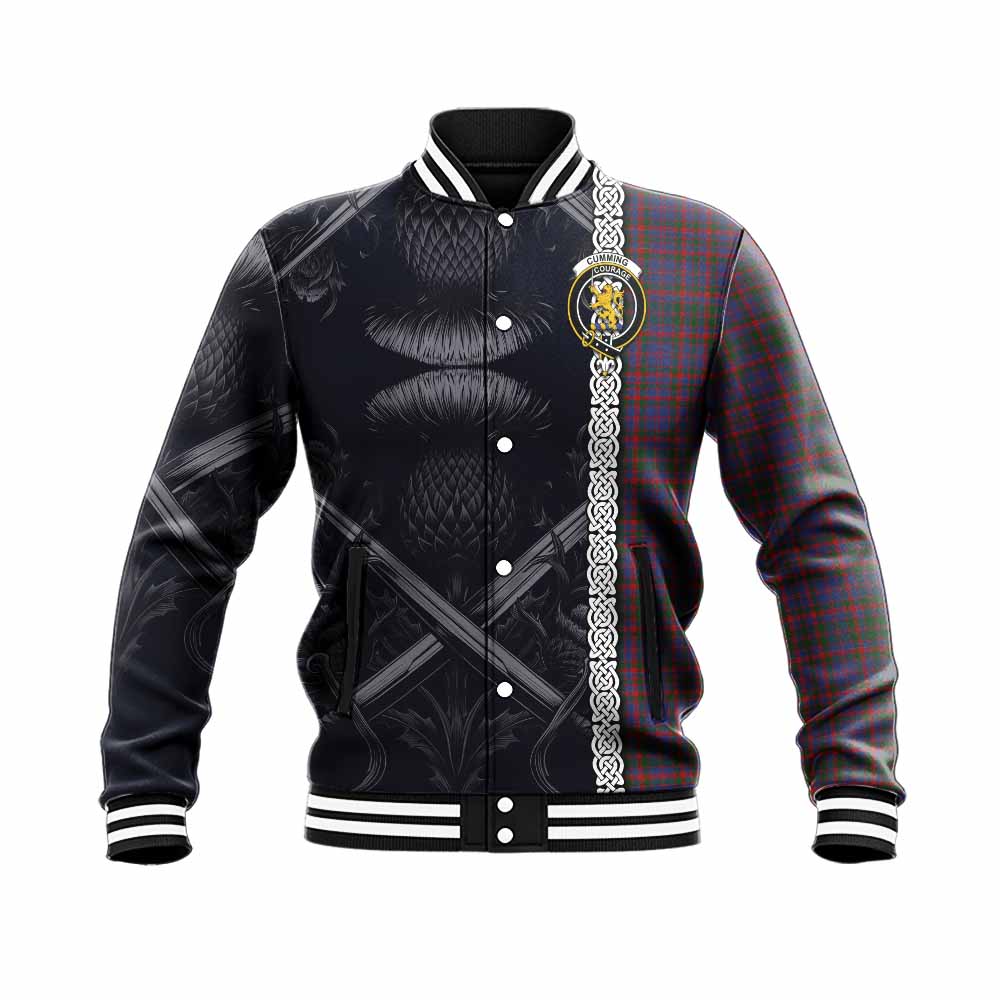 Tartan Vibes Clothing Cumming Tartan Baseball Jacket with Family Crest Cross Sword Thistle Celtic Vibes