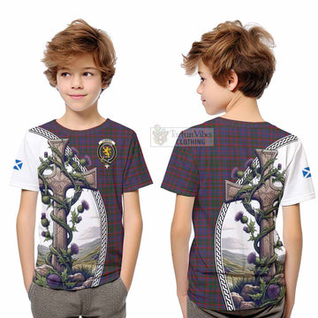 Tartan Vibes Clothing Cumming Tartan Kid T-Shirt with Family Crest and St. Andrew's Cross Accented by Thistle Vines