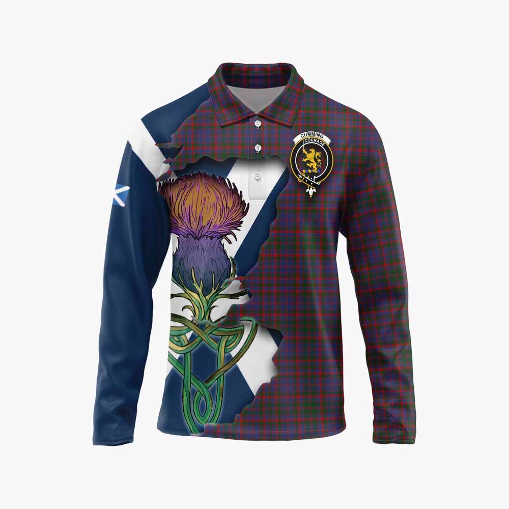 Tartan Vibes Clothing Cumming Tartan Family Crest Long Sleeve Polo Shirt Scottish Thistle Celtic Inspired