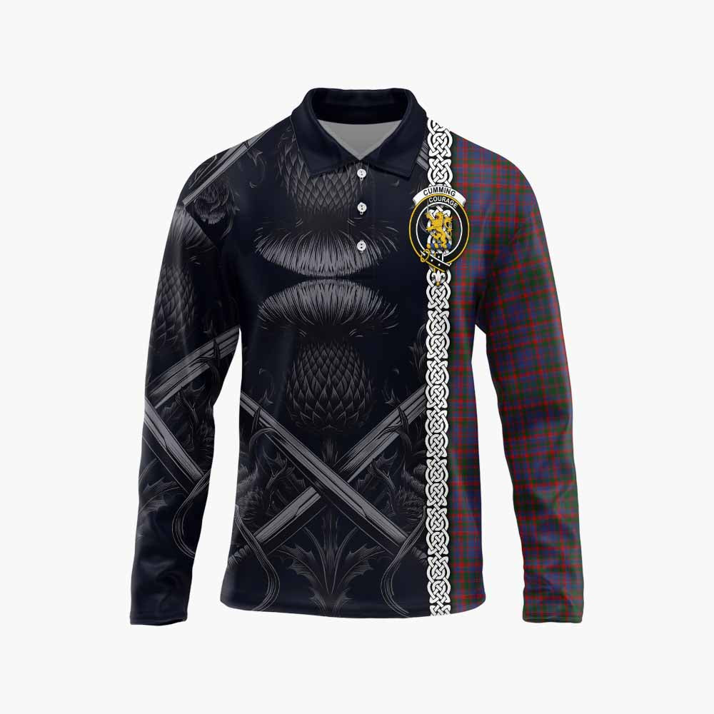 Tartan Vibes Clothing Cumming Tartan Long Sleeve Polo Shirt with Family Crest Cross Sword Thistle Celtic Vibes
