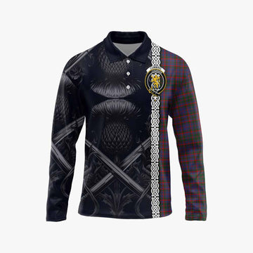 Tartan Vibes Clothing Cumming Tartan Long Sleeve Polo Shirt with Family Crest Cross Sword Thistle Celtic Vibes
