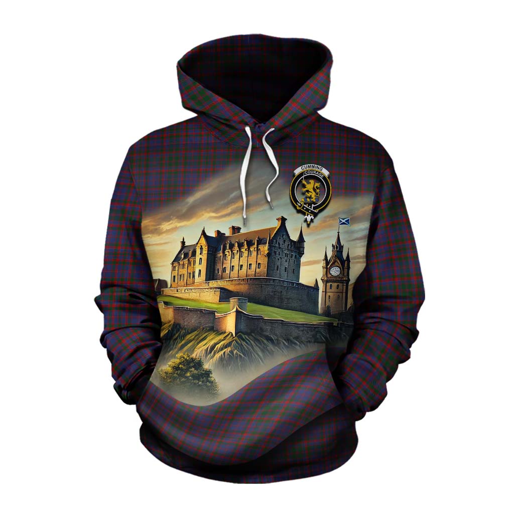 Tartan Vibes Clothing Cumming Tartan Family Crest Cotton Hoodie with Scottish Ancient Castle Style