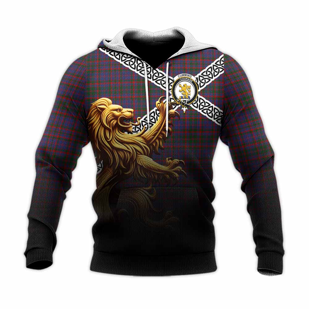 Tartan Vibes Clothing Cumming Crest Tartan Knitted Hoodie with Golden Lion Emblem Celtic Style