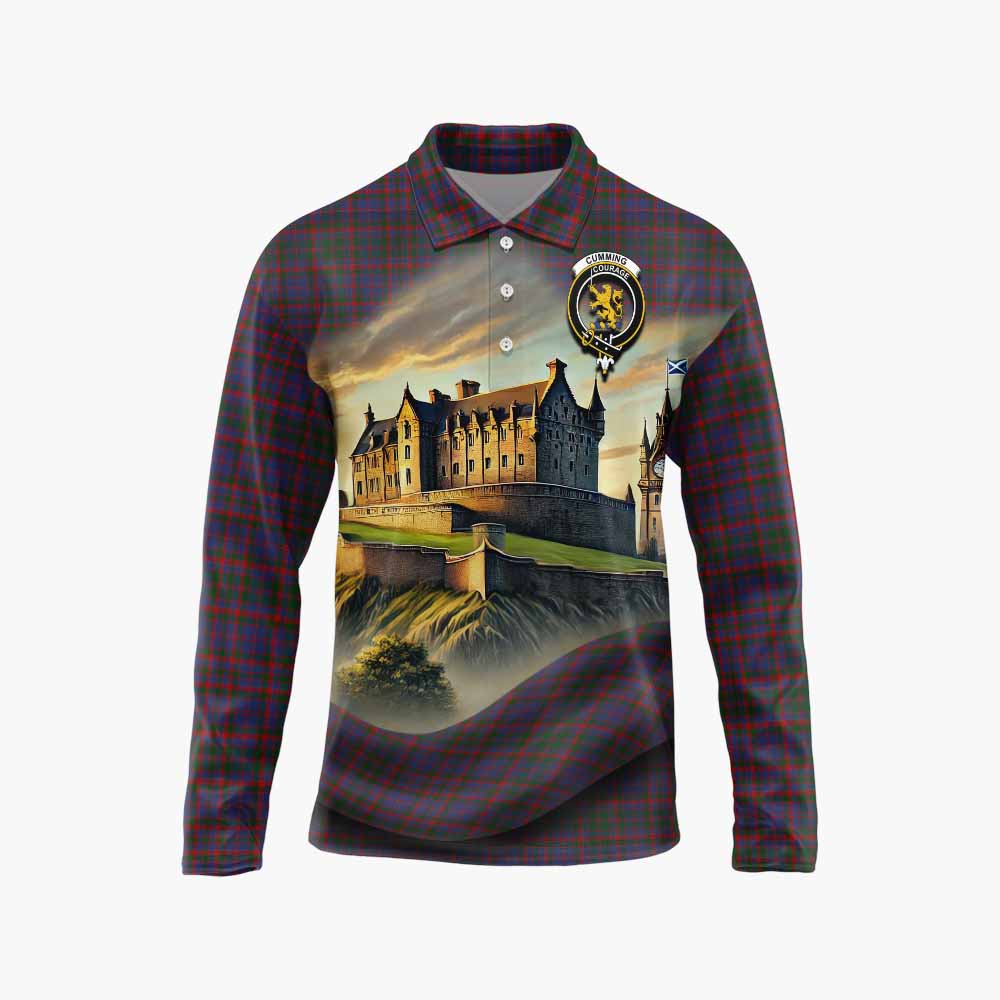 Tartan Vibes Clothing Cumming Tartan Family Crest Long Sleeve Polo Shirt with Scottish Ancient Castle Style