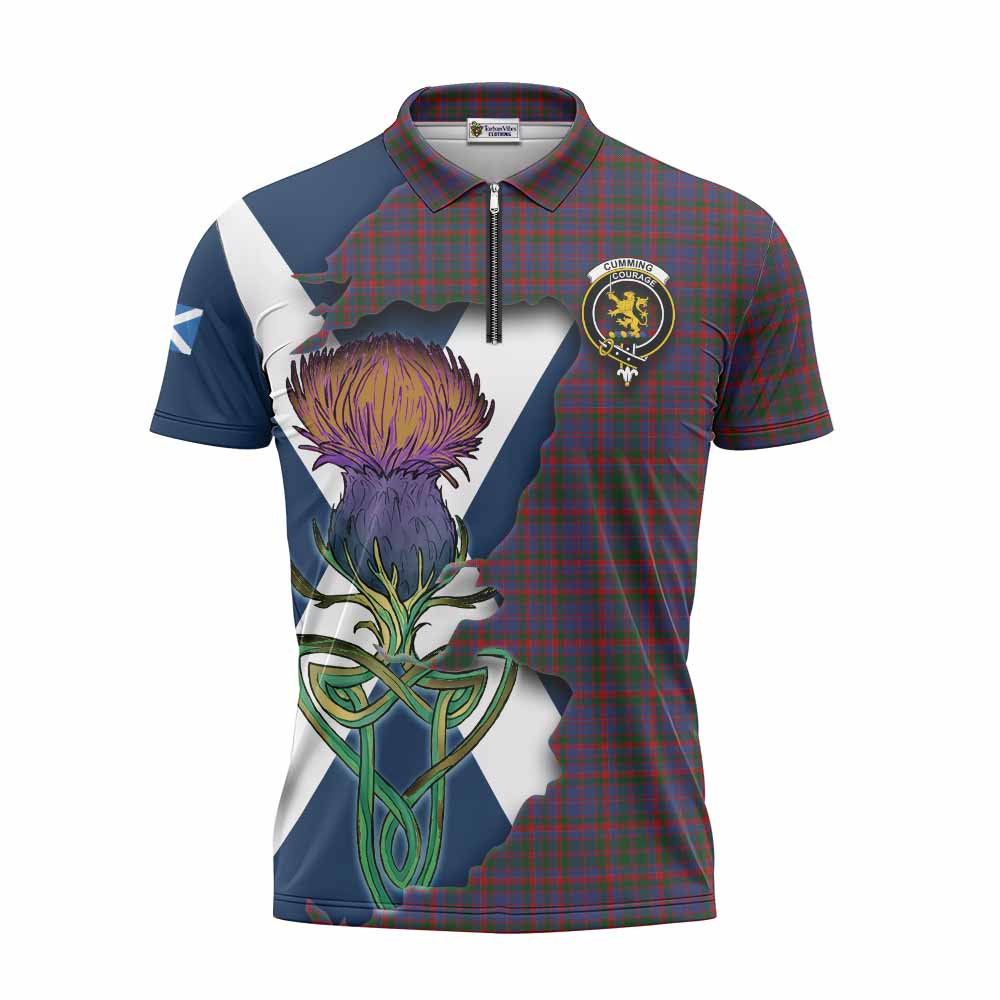 Tartan Vibes Clothing Cumming Tartan Family Crest Zipper Polo Shirt Scottish Thistle Celtic Inspired