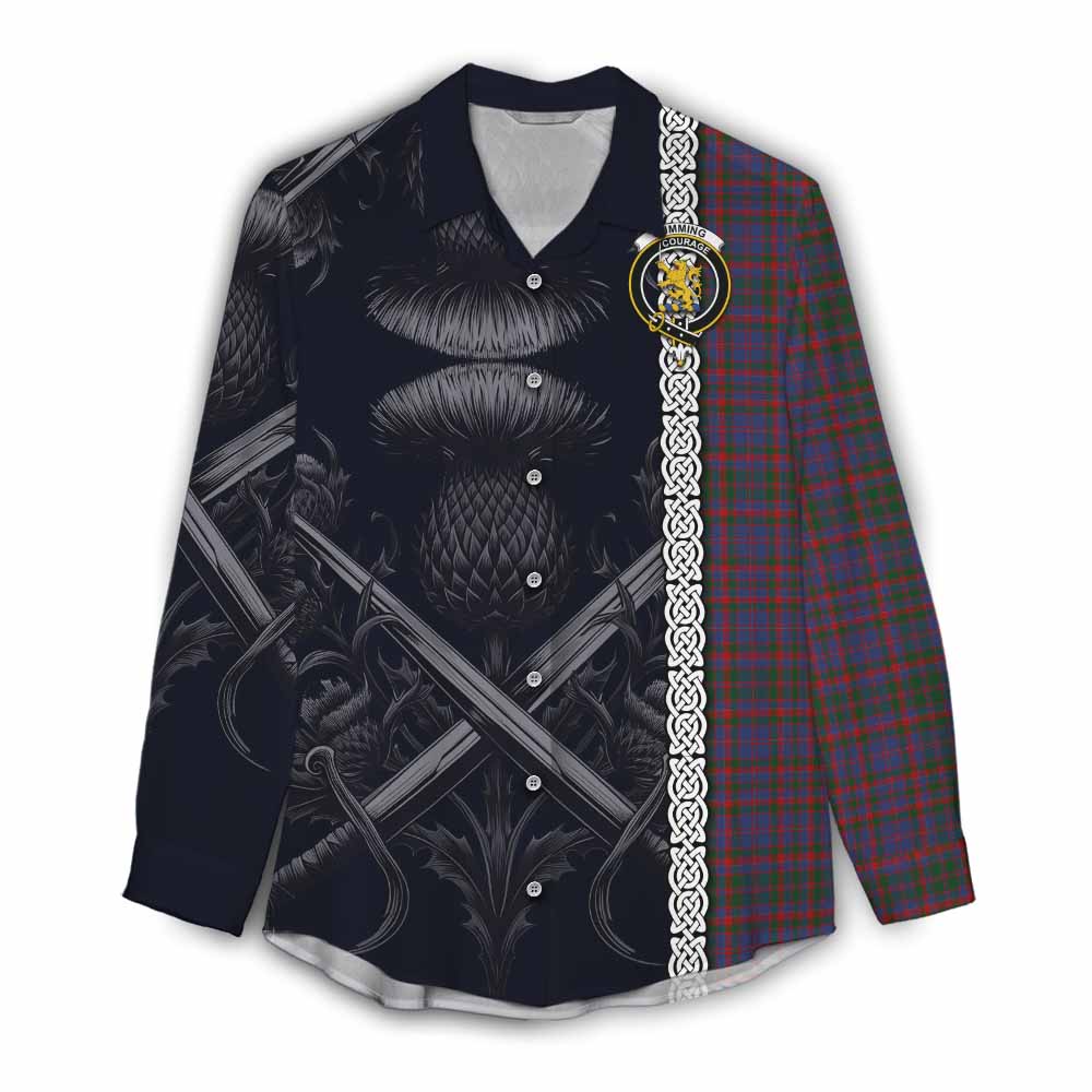 Tartan Vibes Clothing Cumming Tartan Women's Casual Shirt with Family Crest Cross Sword Thistle Celtic Vibes