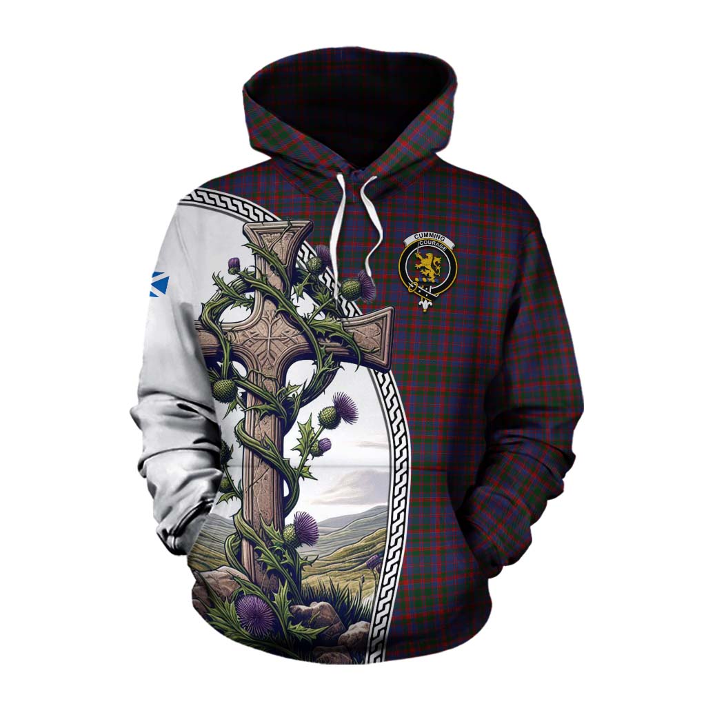 Tartan Vibes Clothing Cumming Tartan Cotton Hoodie with Family Crest and St. Andrew's Cross Accented by Thistle Vines