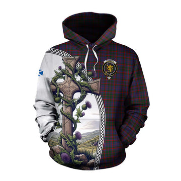 Cumming Tartan Cotton Hoodie with Family Crest and St. Andrew's Cross Accented by Thistle Vines