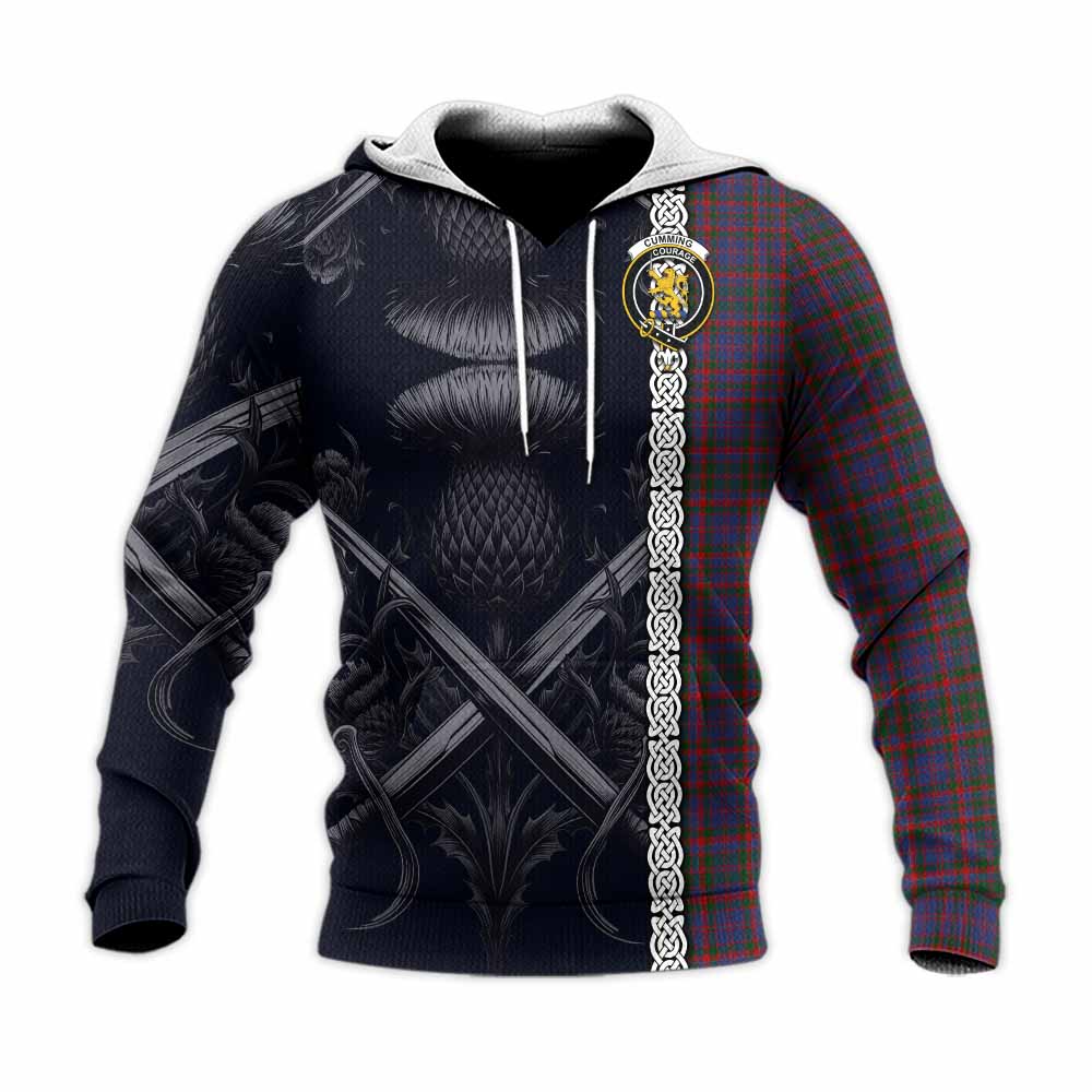 Tartan Vibes Clothing Cumming Tartan Knitted Hoodie with Family Crest Cross Sword Thistle Celtic Vibes