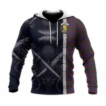 Tartan Vibes Clothing Cumming Tartan Knitted Hoodie with Family Crest Cross Sword Thistle Celtic Vibes