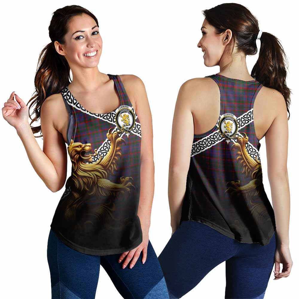 Tartan Vibes Clothing Cumming Crest Tartan Women's Racerback Tanks with Golden Lion Emblem Celtic Style