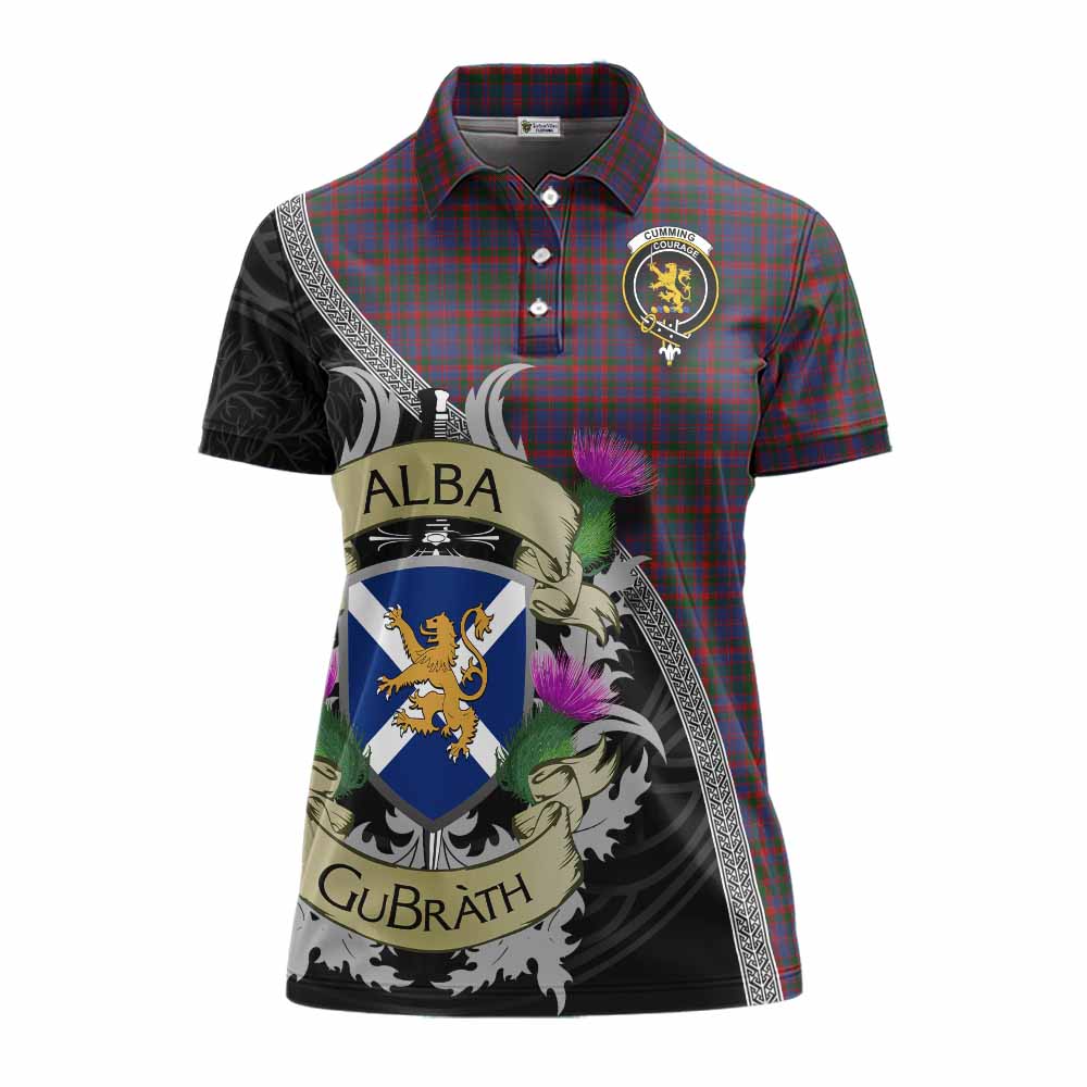 Tartan Vibes Clothing Cumming Tartan Family Crest Women's Polo Shirt Lion Rampant Royal Thistle Shield Celtic Inspired