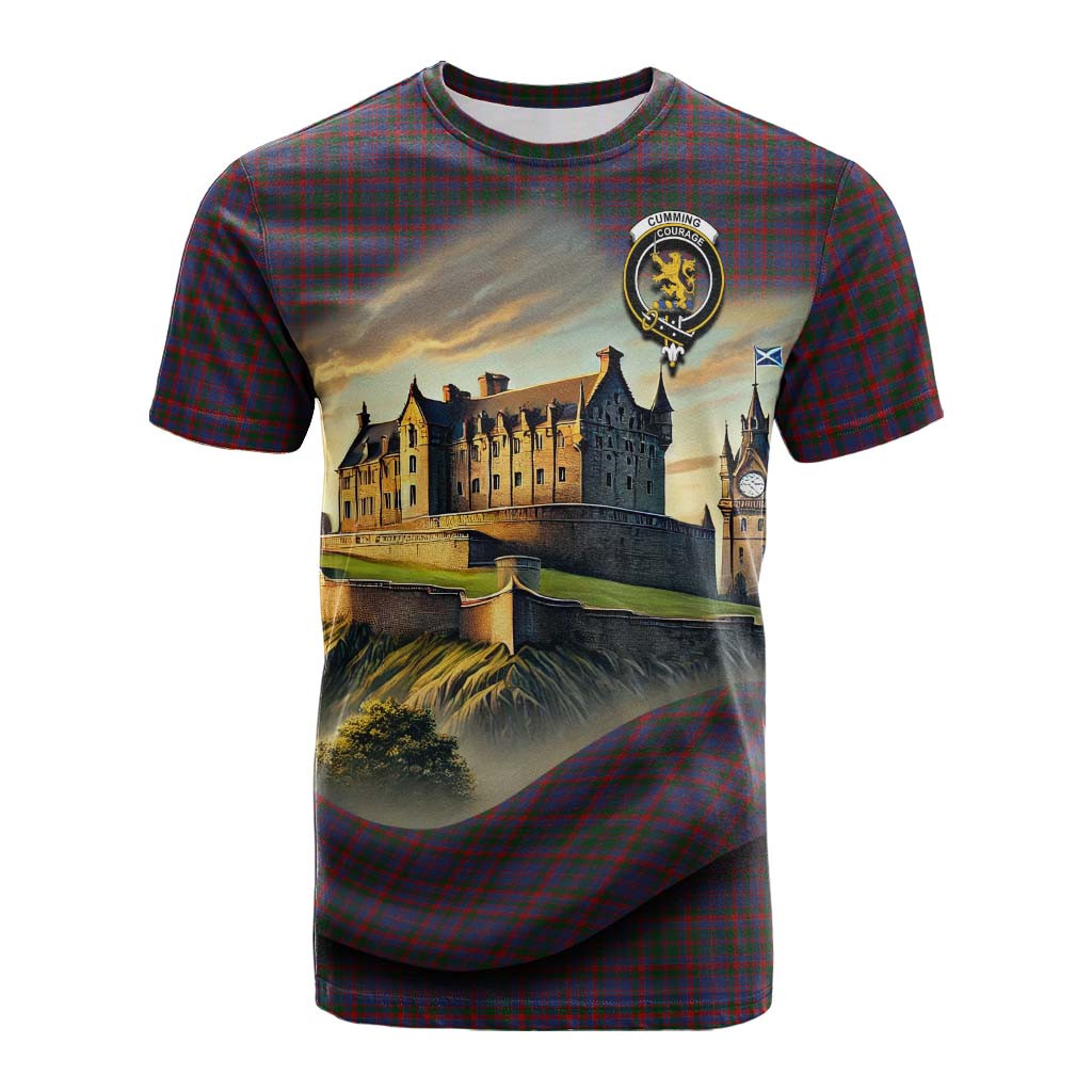 Tartan Vibes Clothing Cumming Tartan Family Crest Cotton T-shirt with Scottish Ancient Castle Style