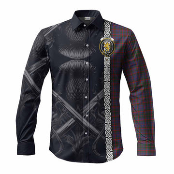 Tartan Vibes Clothing Cumming Tartan Long Sleeve Button Shirt with Family Crest Cross Sword Thistle Celtic Vibes