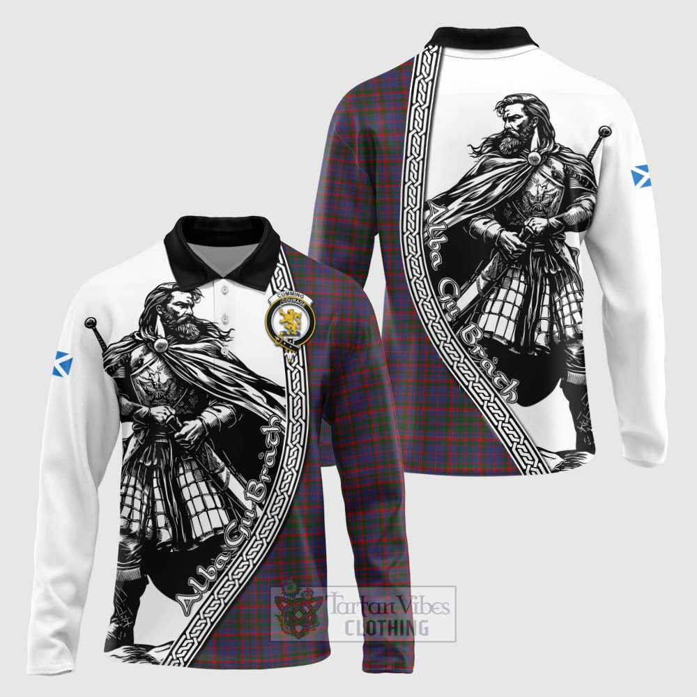 Cumming Tartan Clan Crest Long Sleeve Polo Shirt with Highlander Warrior Celtic Style Unisex - Tartan Vibes Clothing