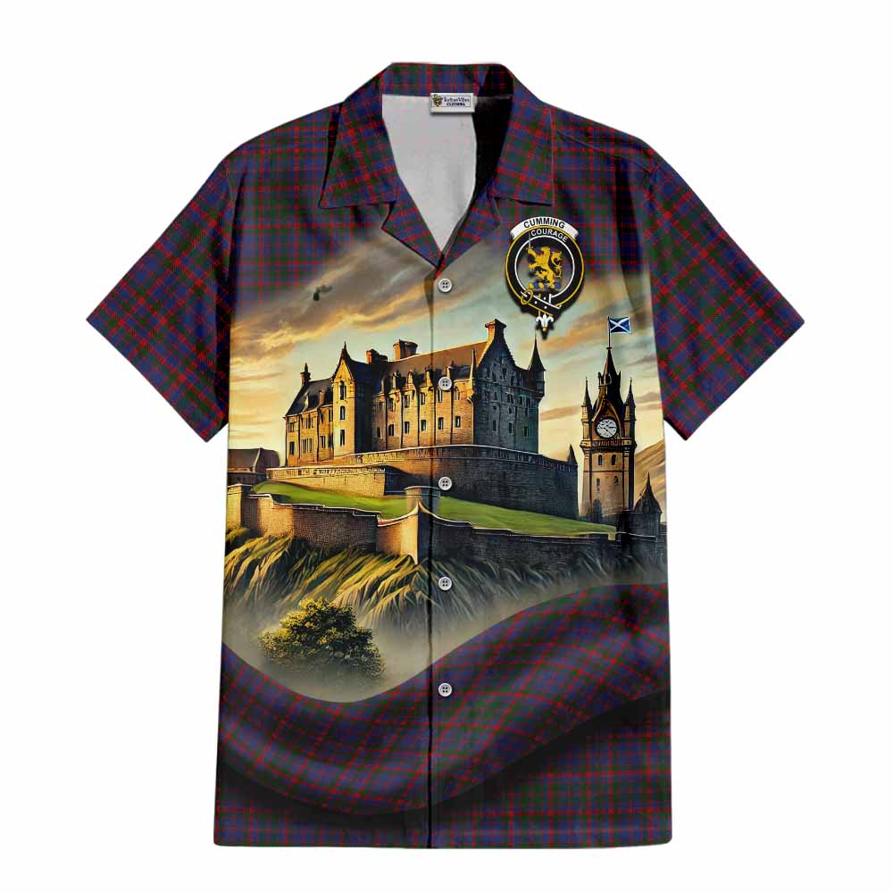 Tartan Vibes Clothing Cumming Tartan Family Crest Short Sleeve Button Shirt with Scottish Ancient Castle Style
