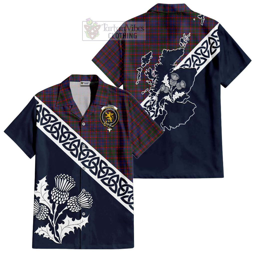 Tartan Vibes Clothing Cumming Tartan Short Sleeve Button Shirt Featuring Thistle and Scotland Map