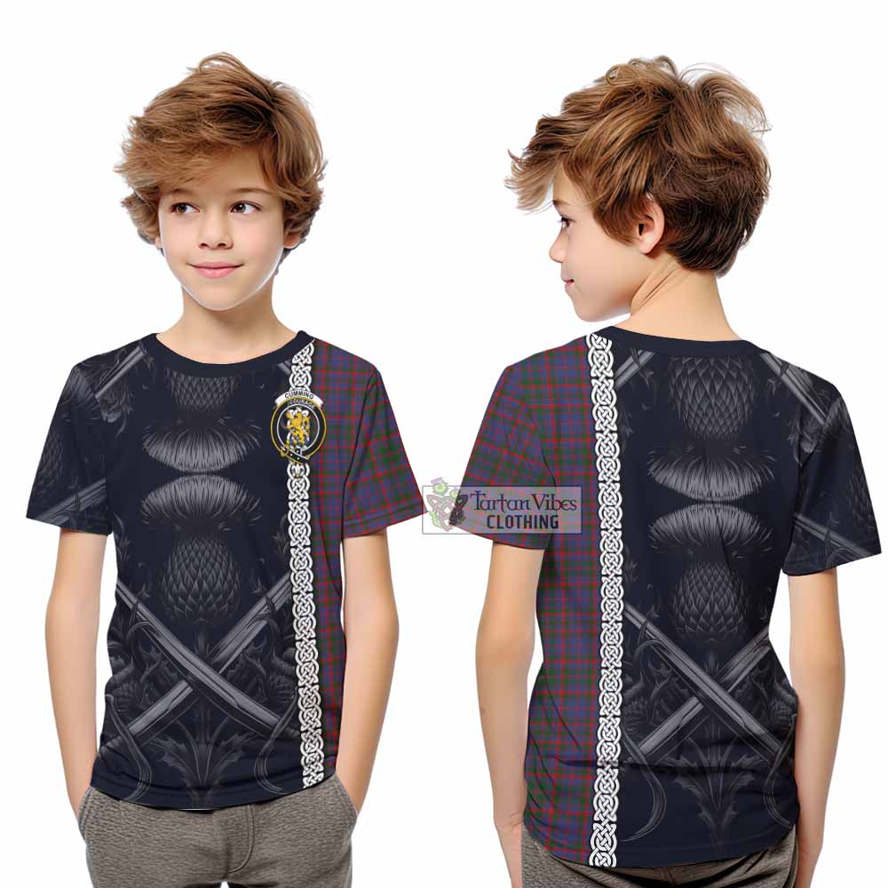Tartan Vibes Clothing Cumming Tartan Kid T-Shirt with Family Crest Cross Sword Thistle Celtic Vibes