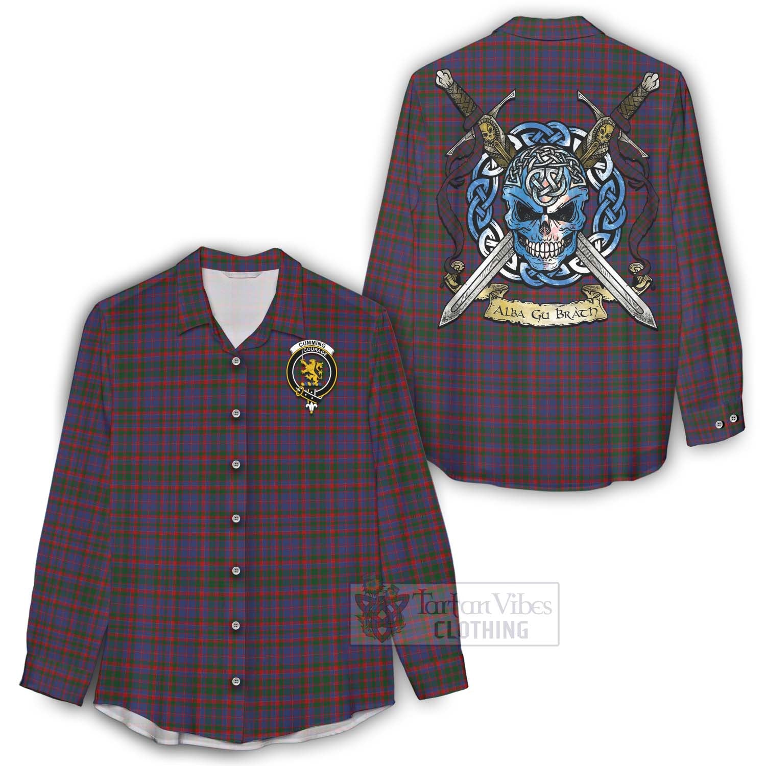 Tartan Vibes Clothing Cumming Tartan Women's Casual Shirt with Family Crest Celtic Skull Style