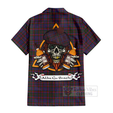 Tartan Vibes Clothing Cumming Tartan Short Sleeve Button Shirt with Family Crest and Bearded Skull Holding Bottles of Whiskey