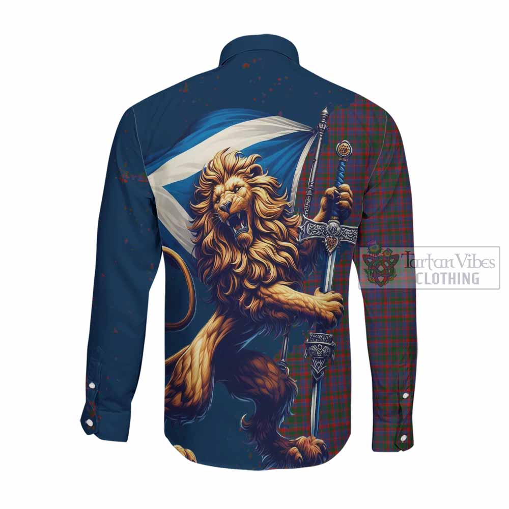 Tartan Vibes Clothing Cumming Tartan Family Crest Long Sleeve Button Shirt with Scottish Majestic Lion