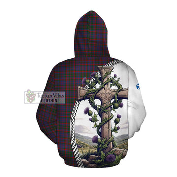 Cumming Tartan Cotton Hoodie with Family Crest and St. Andrew's Cross Accented by Thistle Vines