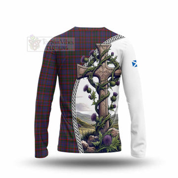 Tartan Vibes Clothing Cumming Tartan Long Sleeve T-Shirt with Family Crest and St. Andrew's Cross Accented by Thistle Vines