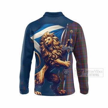 Tartan Vibes Clothing Cumming Tartan Family Crest Long Sleeve Polo Shirt with Scottish Majestic Lion