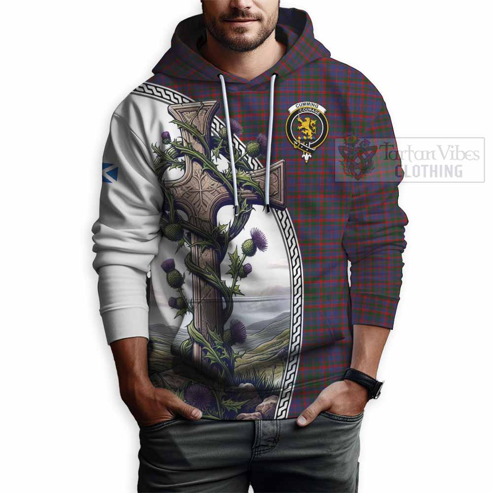Tartan Vibes Clothing Cumming Tartan Hoodie with Family Crest and St. Andrew's Cross Accented by Thistle Vines