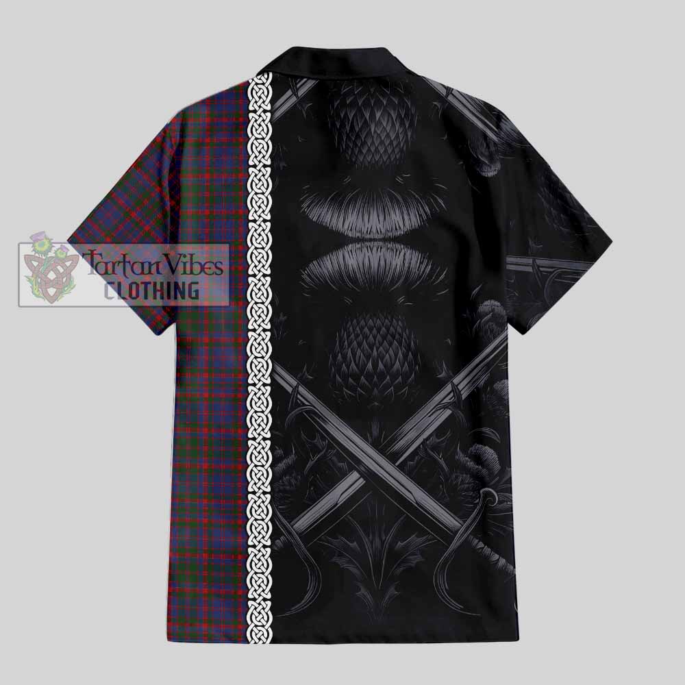 Tartan Vibes Clothing Cumming Tartan Short Sleeve Button Shirt with Family Crest Cross Sword Thistle Celtic Vibes