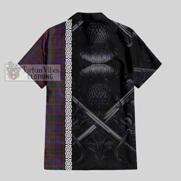 Tartan Vibes Clothing Cumming Tartan Short Sleeve Button Shirt with Family Crest Cross Sword Thistle Celtic Vibes