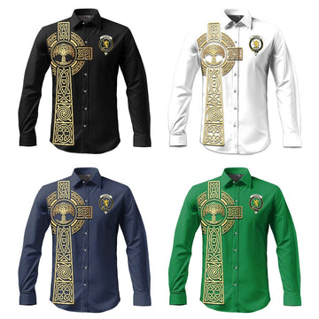 Cumming Clan Mens Long Sleeve Button Up Shirt with Golden Celtic Tree Of Life