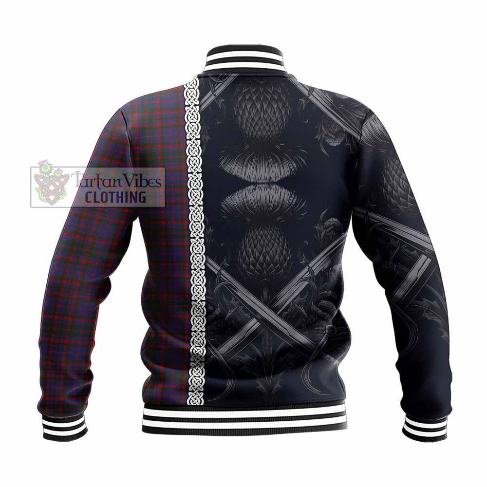 Tartan Vibes Clothing Cumming Tartan Baseball Jacket with Family Crest Cross Sword Thistle Celtic Vibes