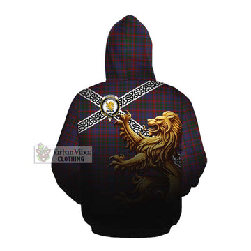Cumming Crest Tartan Cotton Hoodie with Golden Lion Emblem Celtic Style