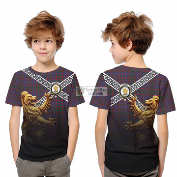 Cumming Crest Tartan Kid T-Shirt with Golden Lion Emblem Celtic Style