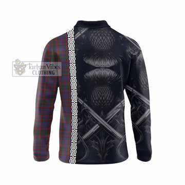 Tartan Vibes Clothing Cumming Tartan Long Sleeve Polo Shirt with Family Crest Cross Sword Thistle Celtic Vibes