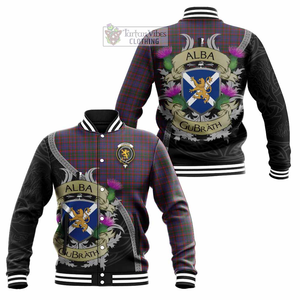 Tartan Vibes Clothing Cumming Tartan Family Crest Baseball Jacket Lion Rampant Royal Thistle Shield Celtic Inspired